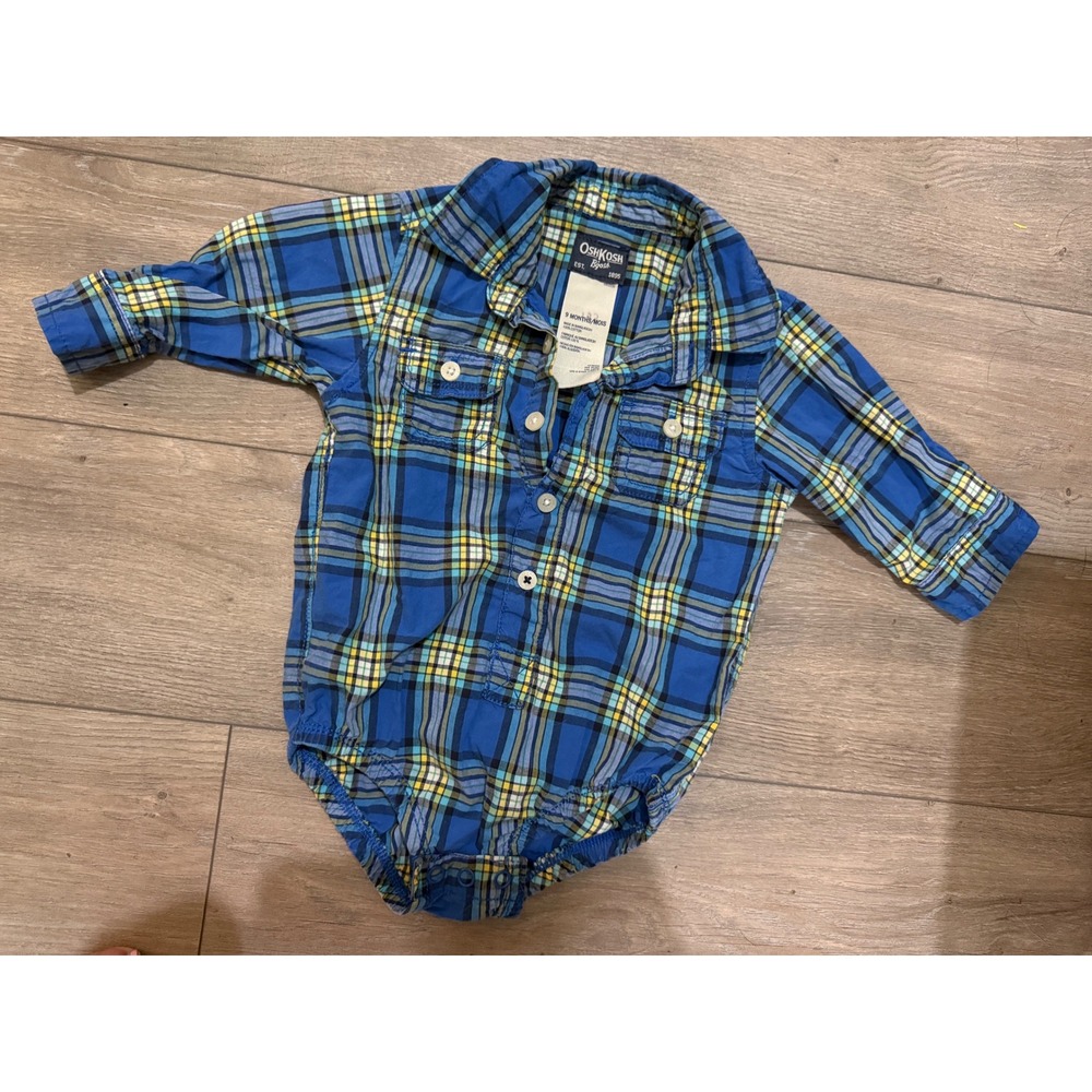 OshKosh Bgosh Baby Boys Blue Plaid Long Sleeve Button Front Bodysuit 9 Months